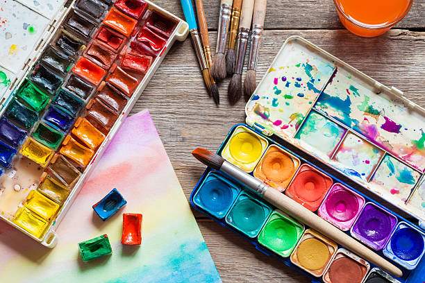 Watercolour paints, palette and brushes